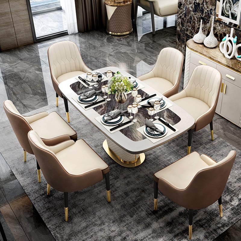 HMR - Rectangular Pedestal Dining Table PU Leather in 63"L, Gold