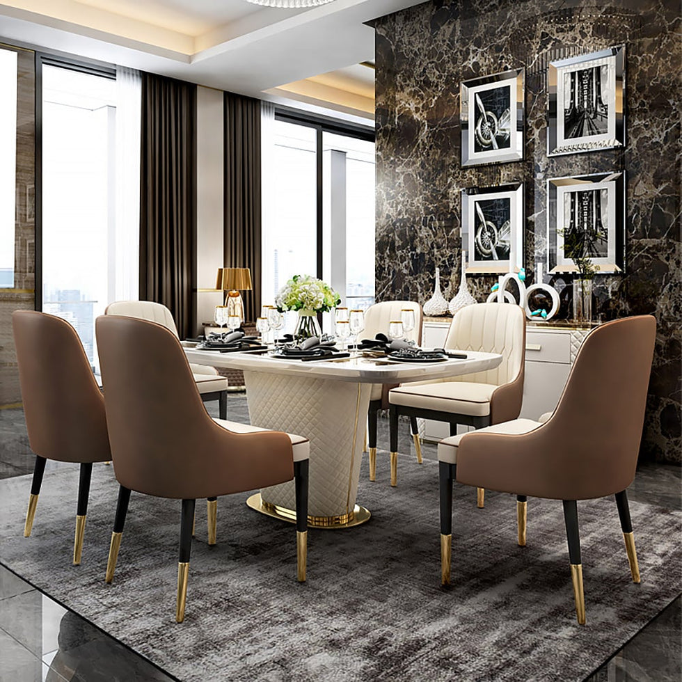HMR - Rectangular Pedestal Dining Table PU Leather in 63"L, Gold