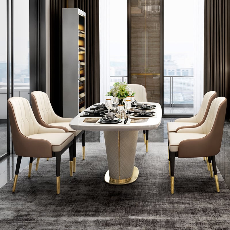 HMR - Rectangular Pedestal Dining Table PU Leather in 63"L, Gold