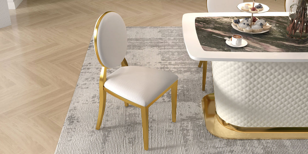 HMR - Rectangular Pedestal Dining Table PU Leather in 63"L, Gold