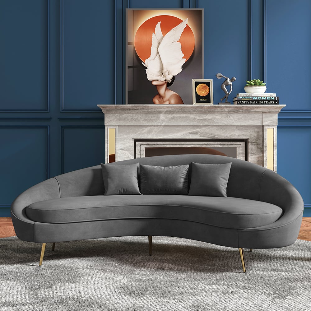 HMR - Modern 95" Curved Sofa with Boucle Upholstery and Toss Pillow