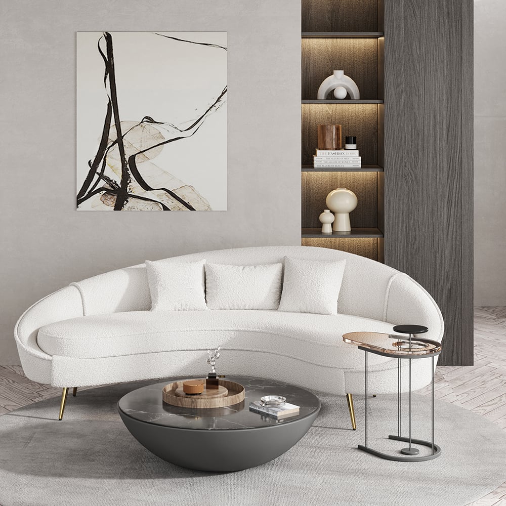HMR - Modern 95" Curved Sofa with Boucle Upholstery and Toss Pillow