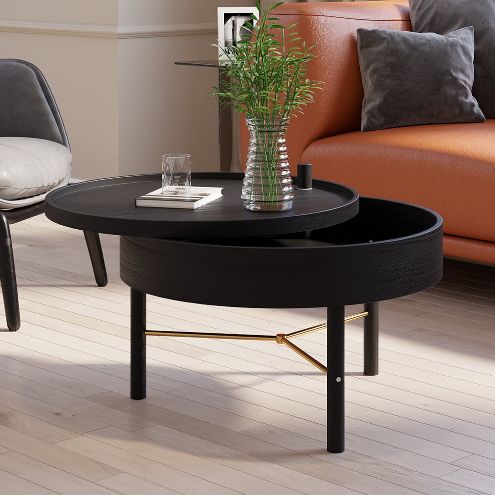 HMR - Modern Round Wood Rotating Tray Coffee Table with Storage & Metal Legs