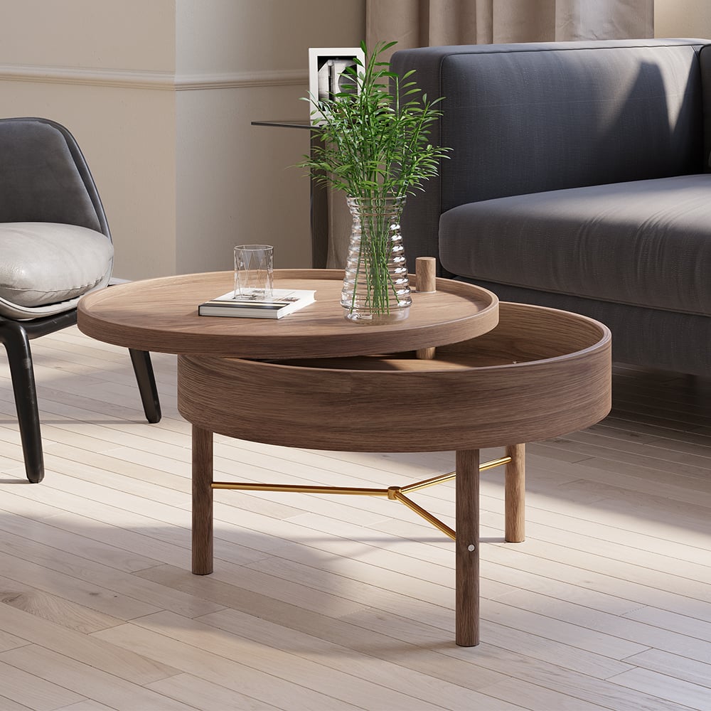 HMR - Modern Round Wood Rotating Tray Coffee Table with Storage & Metal Legs