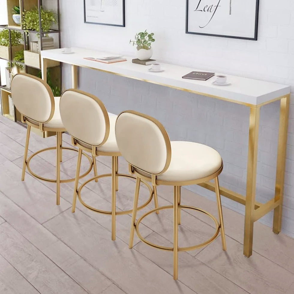HMR - Modern Upholstery Round Faux Leather Counter Stool with Back in Beige