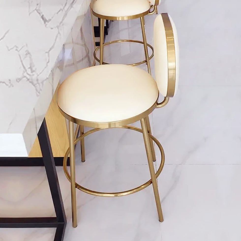 HMR - Modern Upholstery Round Faux Leather Counter Stool with Back in Beige