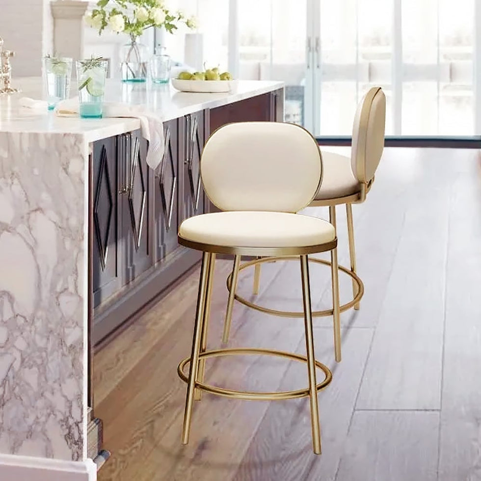 HMR - Modern Upholstery Round Faux Leather Counter Stool with Back in Beige
