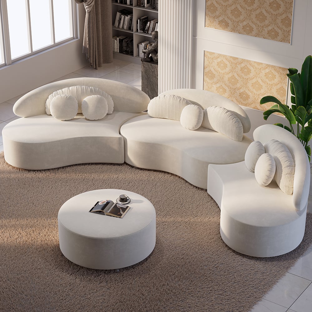 HMR - Curved Sectional Sofa with Ottoman & Pillows