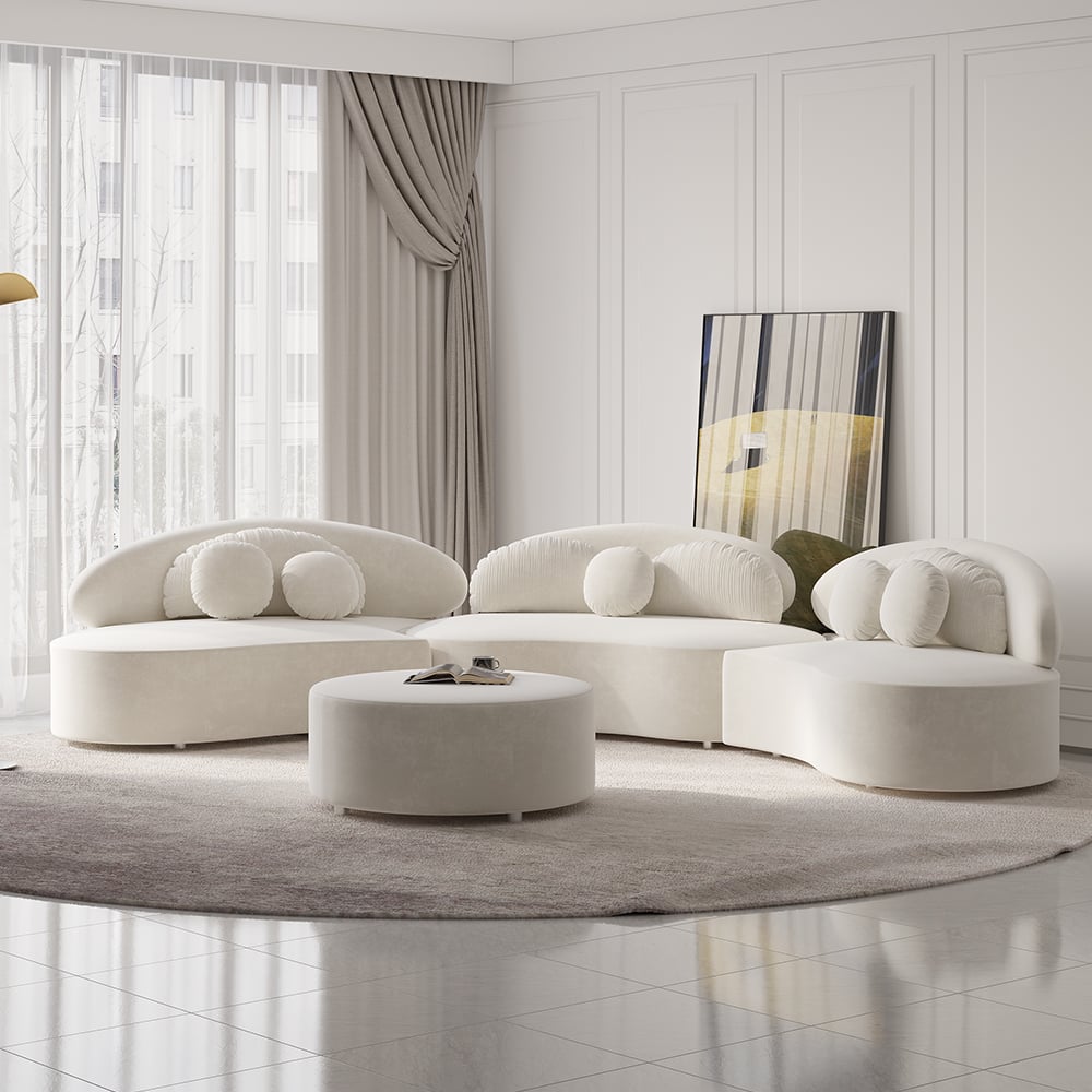 HMR - Curved Sectional Sofa with Ottoman & Pillows