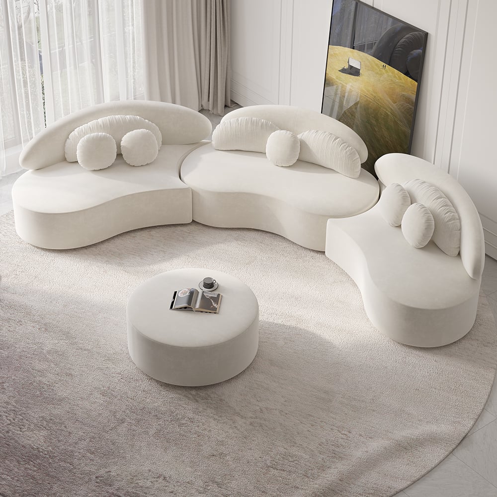 HMR - Curved Sectional Sofa with Ottoman & Pillows