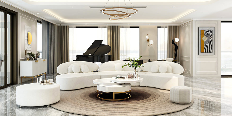 HMR - Curved Sectional Sofa with Ottoman & Pillows