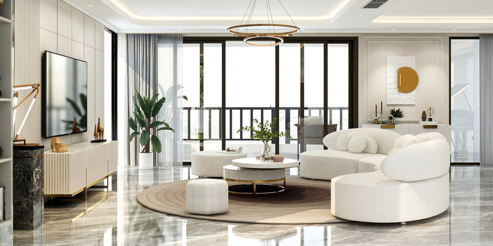 HMR - Curved Sectional Sofa with Ottoman & Pillows