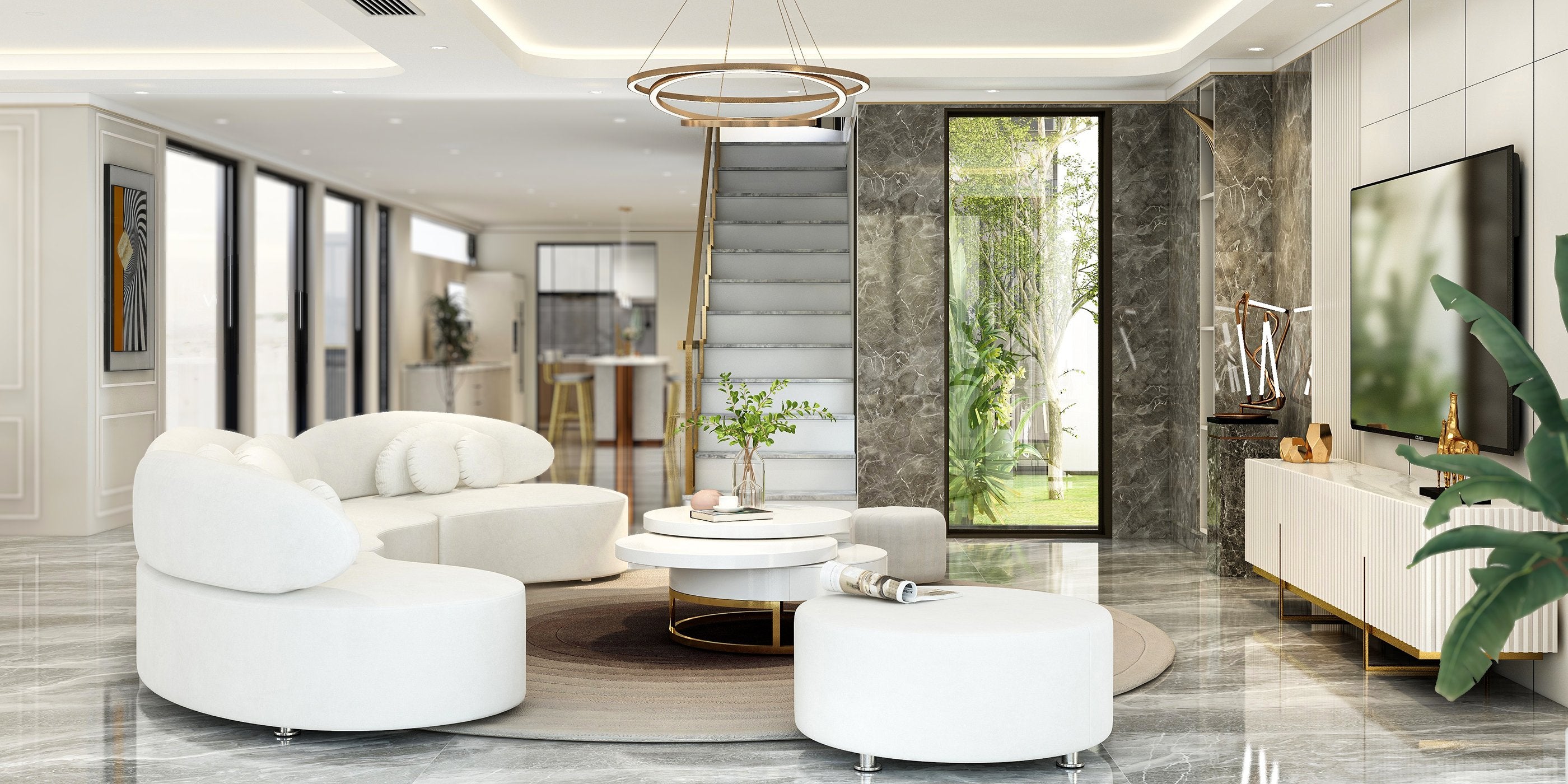 HMR - Curved Sectional Sofa with Ottoman & Pillows