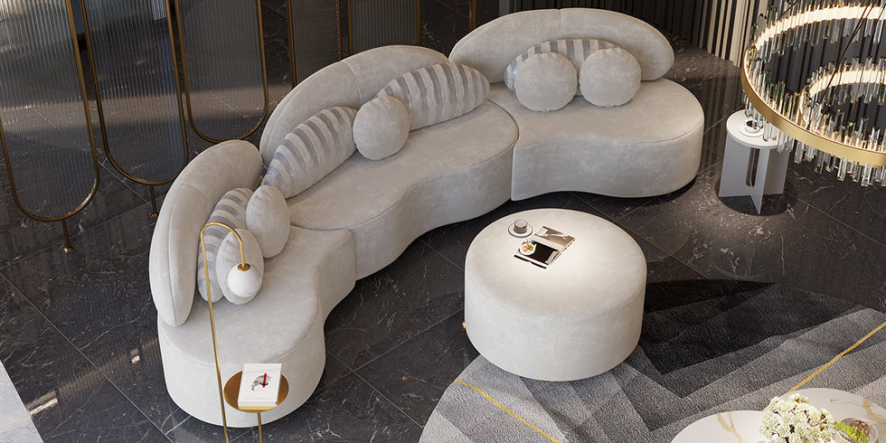 HMR - Curved Sectional Sofa with Ottoman & Pillows