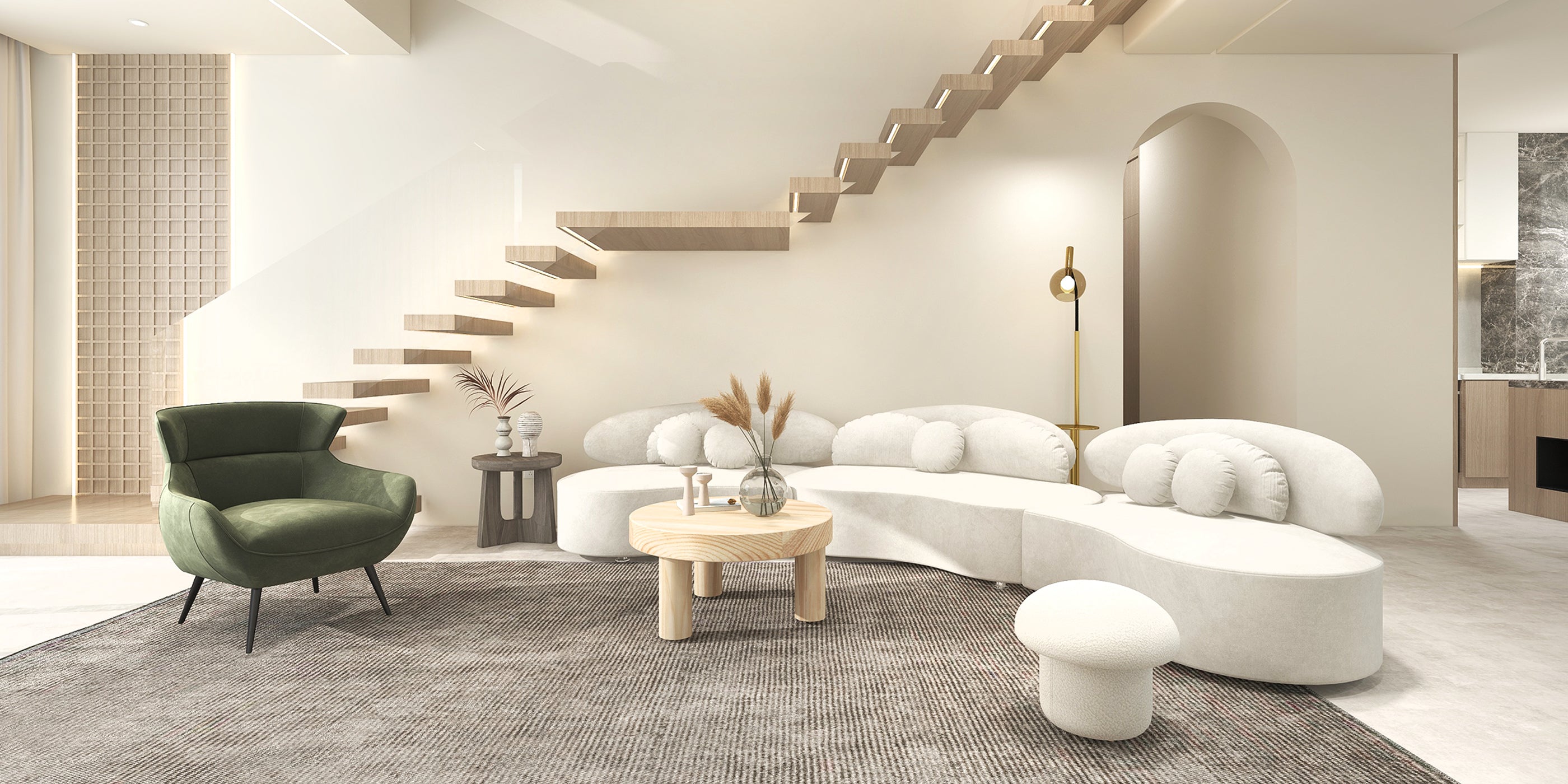 HMR - Curved Sectional Sofa with Ottoman & Pillows