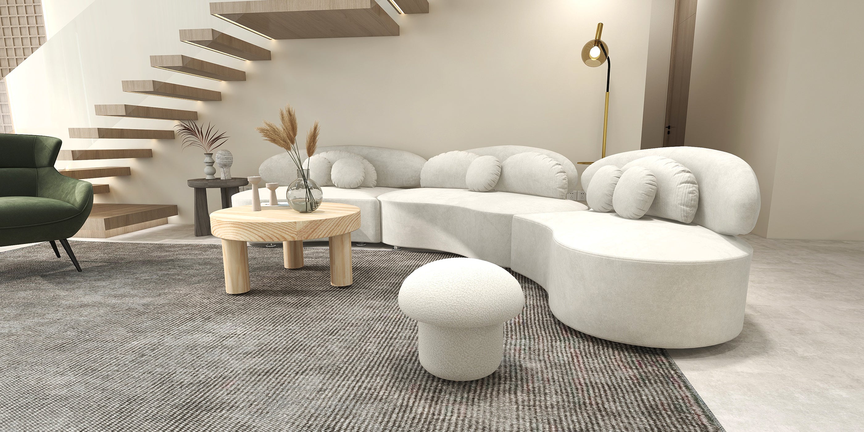 HMR - Curved Sectional Sofa with Ottoman & Pillows