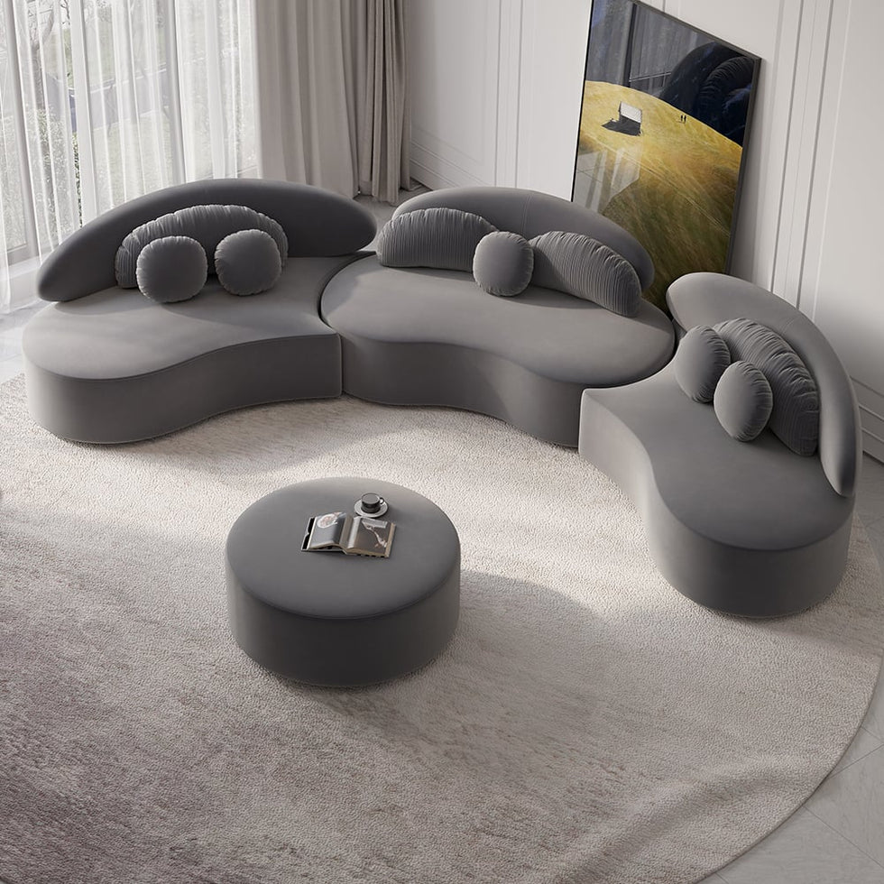HMR - Curved Sectional Sofa with Ottoman & Pillows
