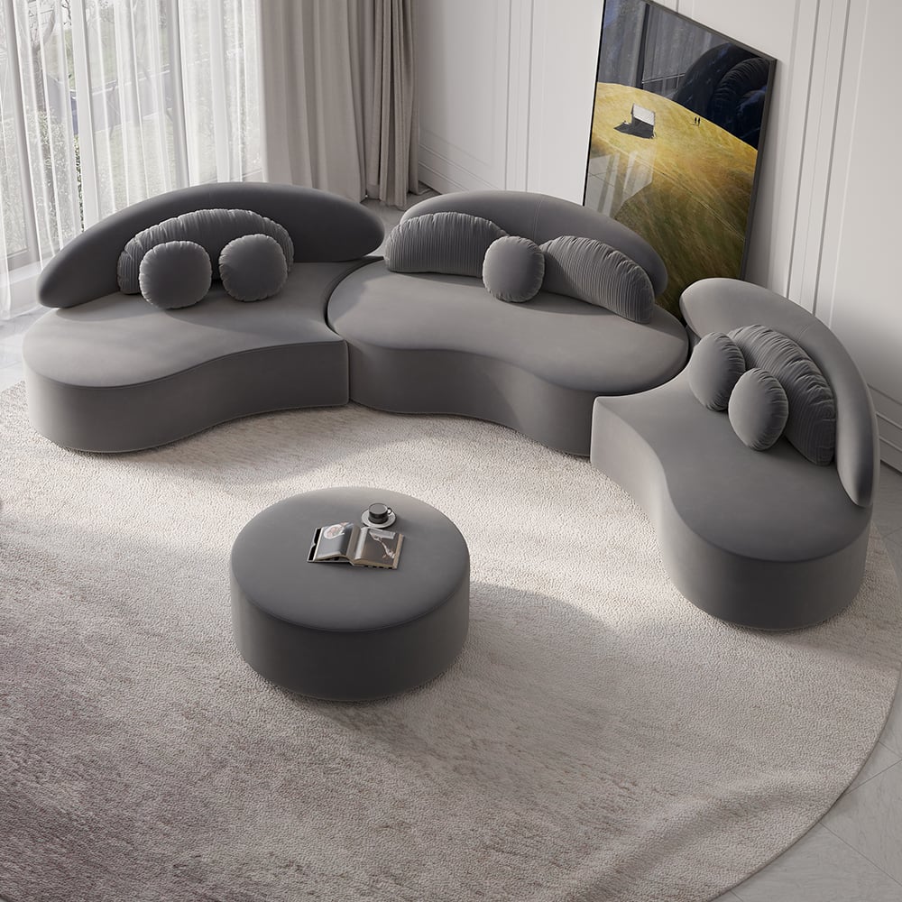 HMR - Curved Sectional Sofa with Ottoman & Pillows