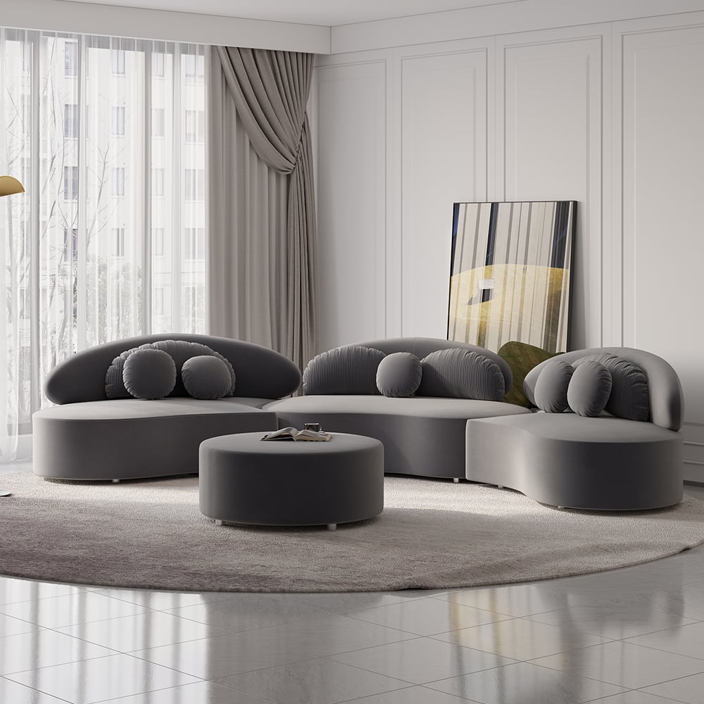 HMR - Curved Sectional Sofa with Ottoman & Pillows