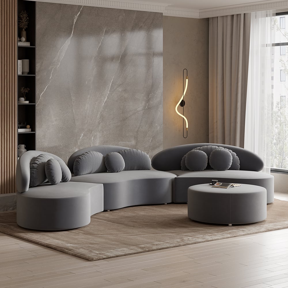 HMR - Curved Sectional Sofa with Ottoman & Pillows