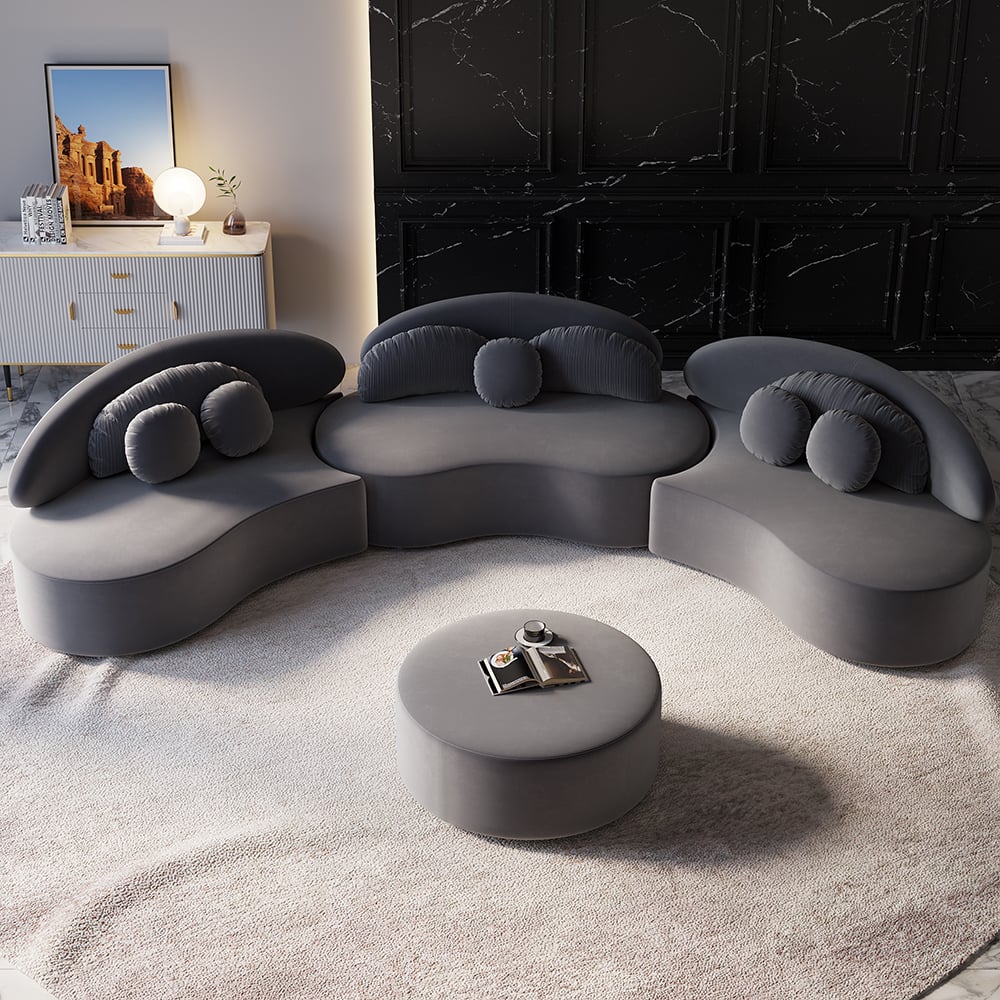 HMR - Curved Sectional Sofa with Ottoman & Pillows