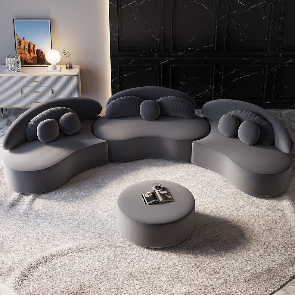HMR - Curved Sectional Sofa with Ottoman & Pillows
