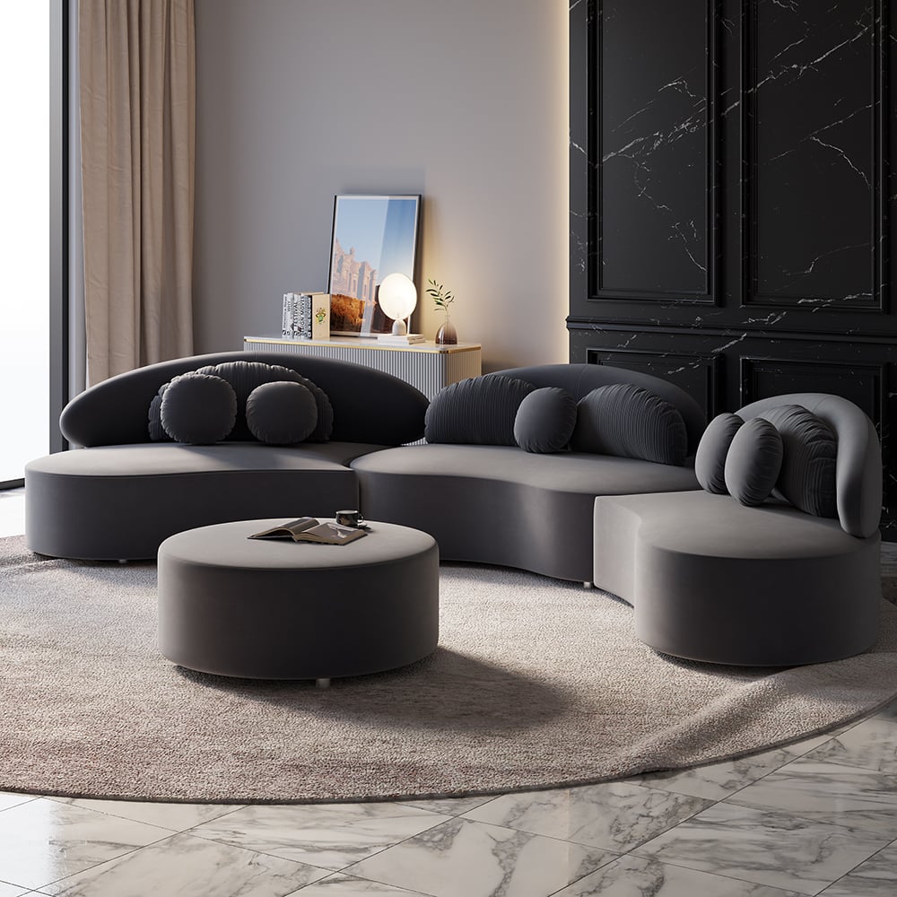 HMR - Curved Sectional Sofa with Ottoman & Pillows
