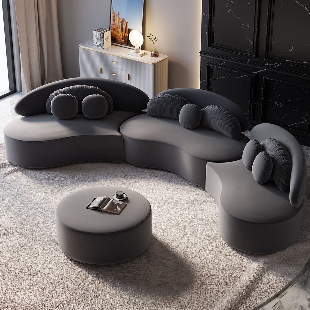 HMR - Curved Sectional Sofa with Ottoman & Pillows