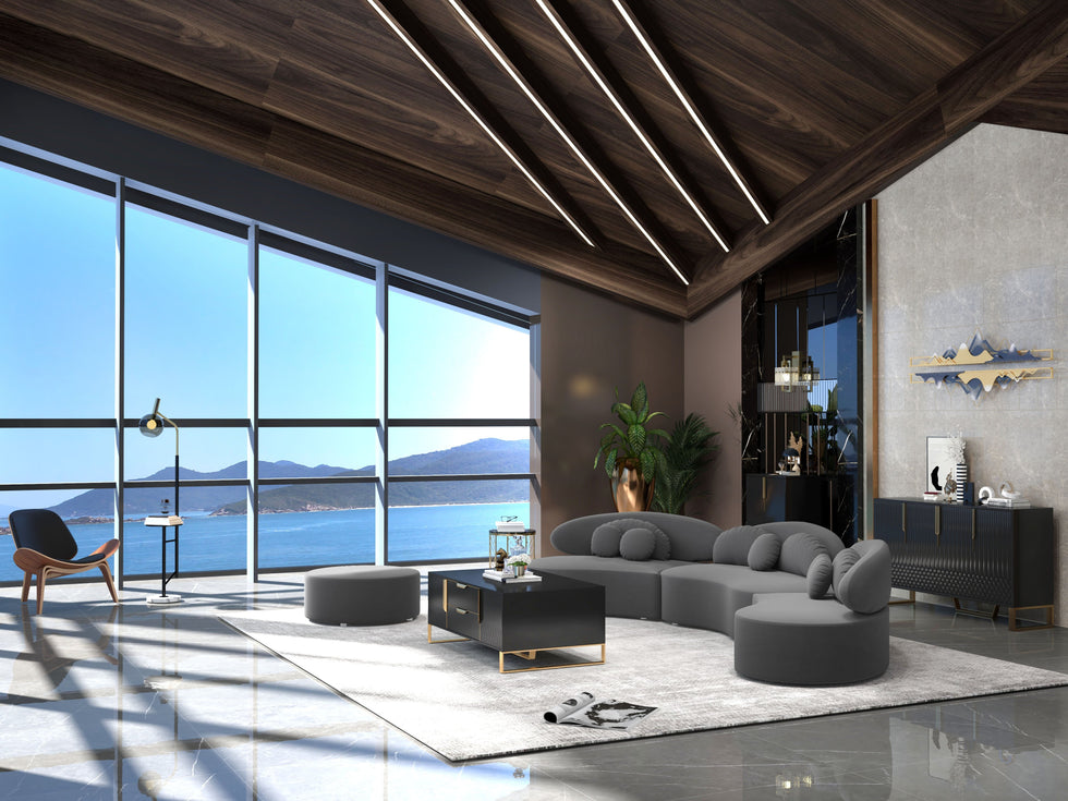 HMR - Curved Sectional Sofa with Ottoman & Pillows