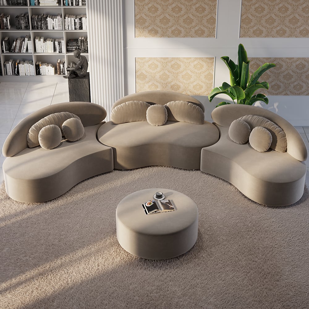 HMR - Curved Sectional Sofa with Ottoman & Pillows