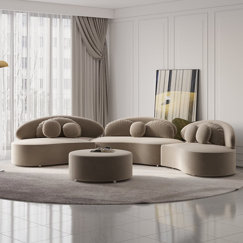 HMR - Curved Sectional Sofa with Ottoman & Pillows