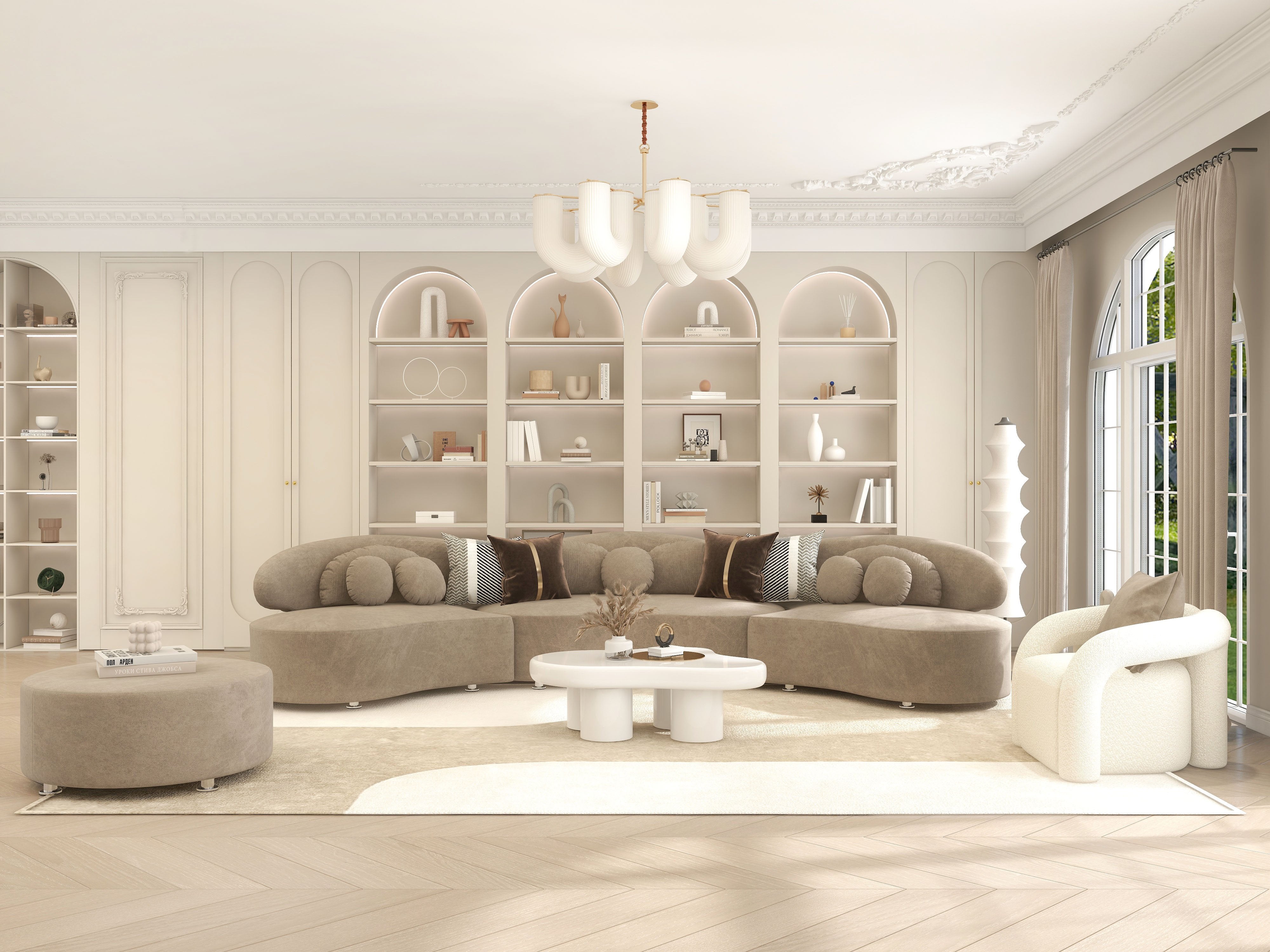 HMR - Curved Sectional Sofa with Ottoman & Pillows