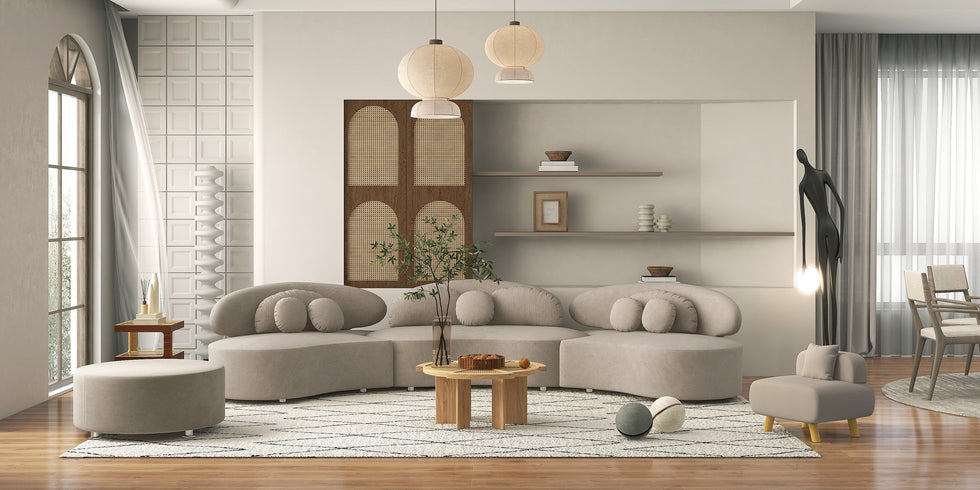 HMR - Curved Sectional Sofa with Ottoman & Pillows