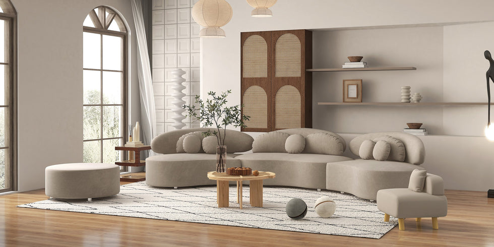 HMR - Curved Sectional Sofa with Ottoman & Pillows