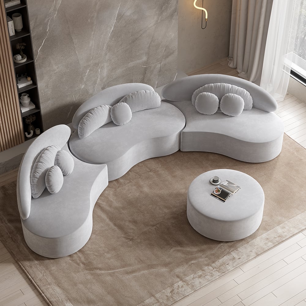 HMR - Curved Sectional Sofa with Ottoman & Pillows