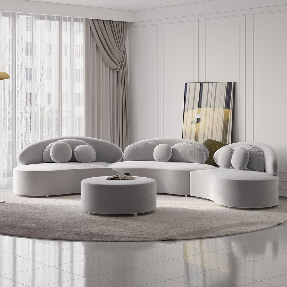 HMR - Curved Sectional Sofa with Ottoman & Pillows