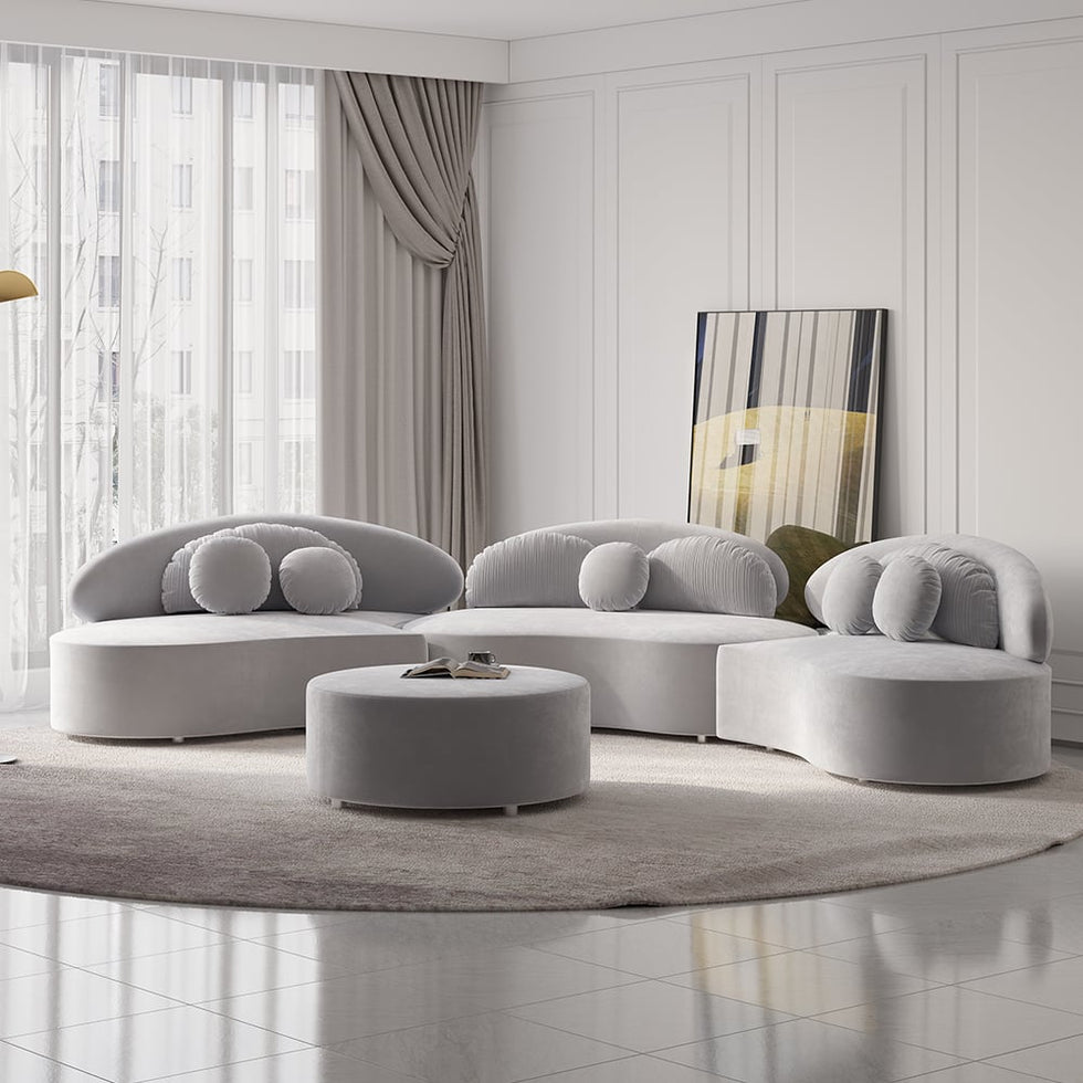 HMR - Curved Sectional Sofa with Ottoman & Pillows