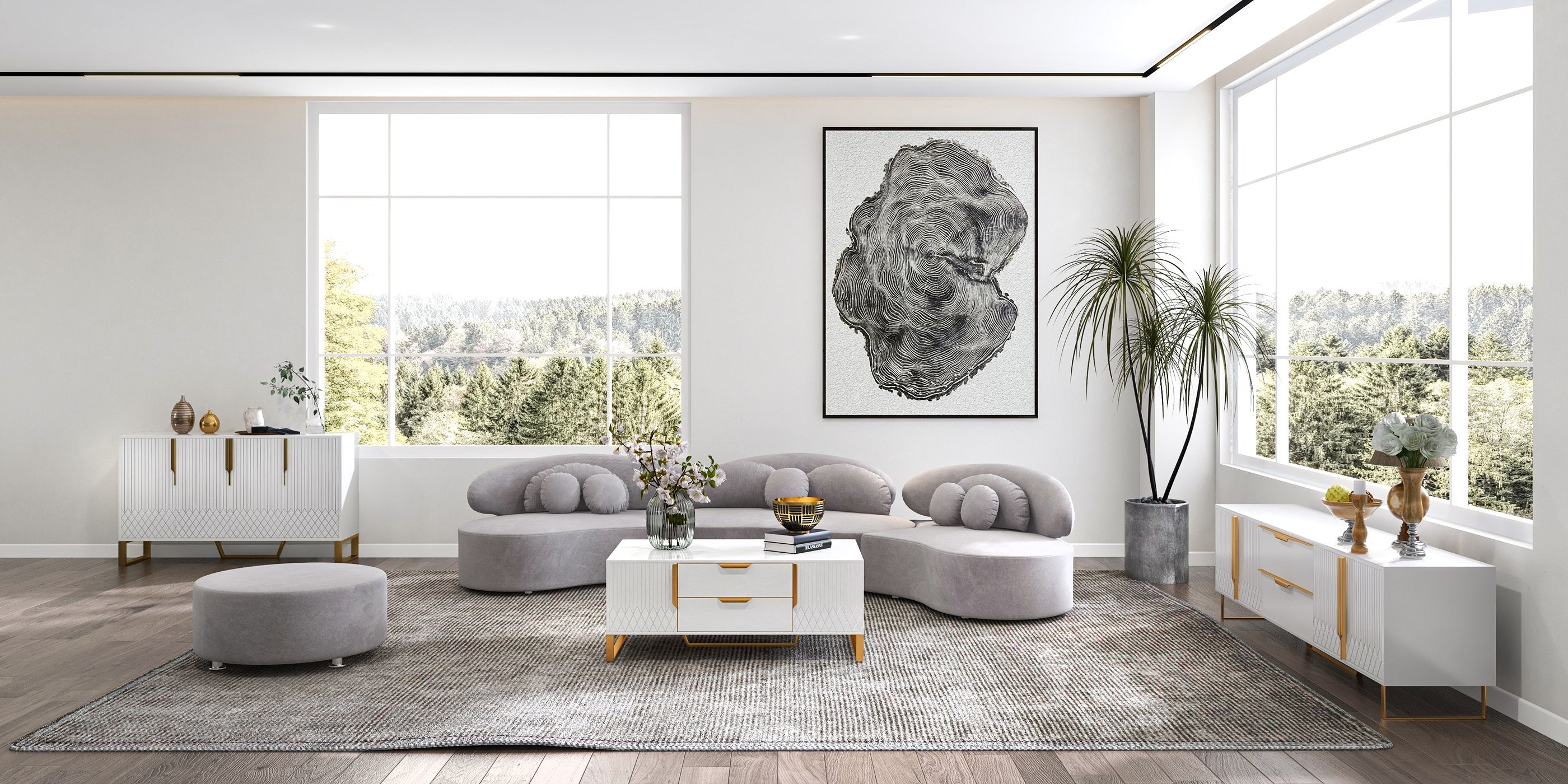 HMR - Curved Sectional Sofa with Ottoman & Pillows
