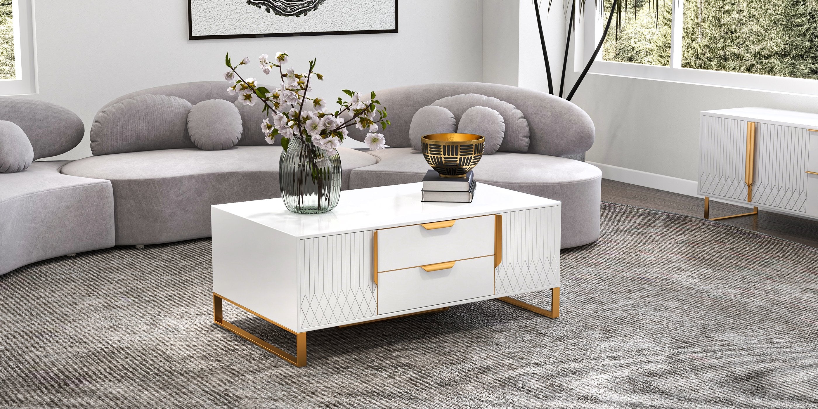 HMR - Curved Sectional Sofa with Ottoman & Pillows