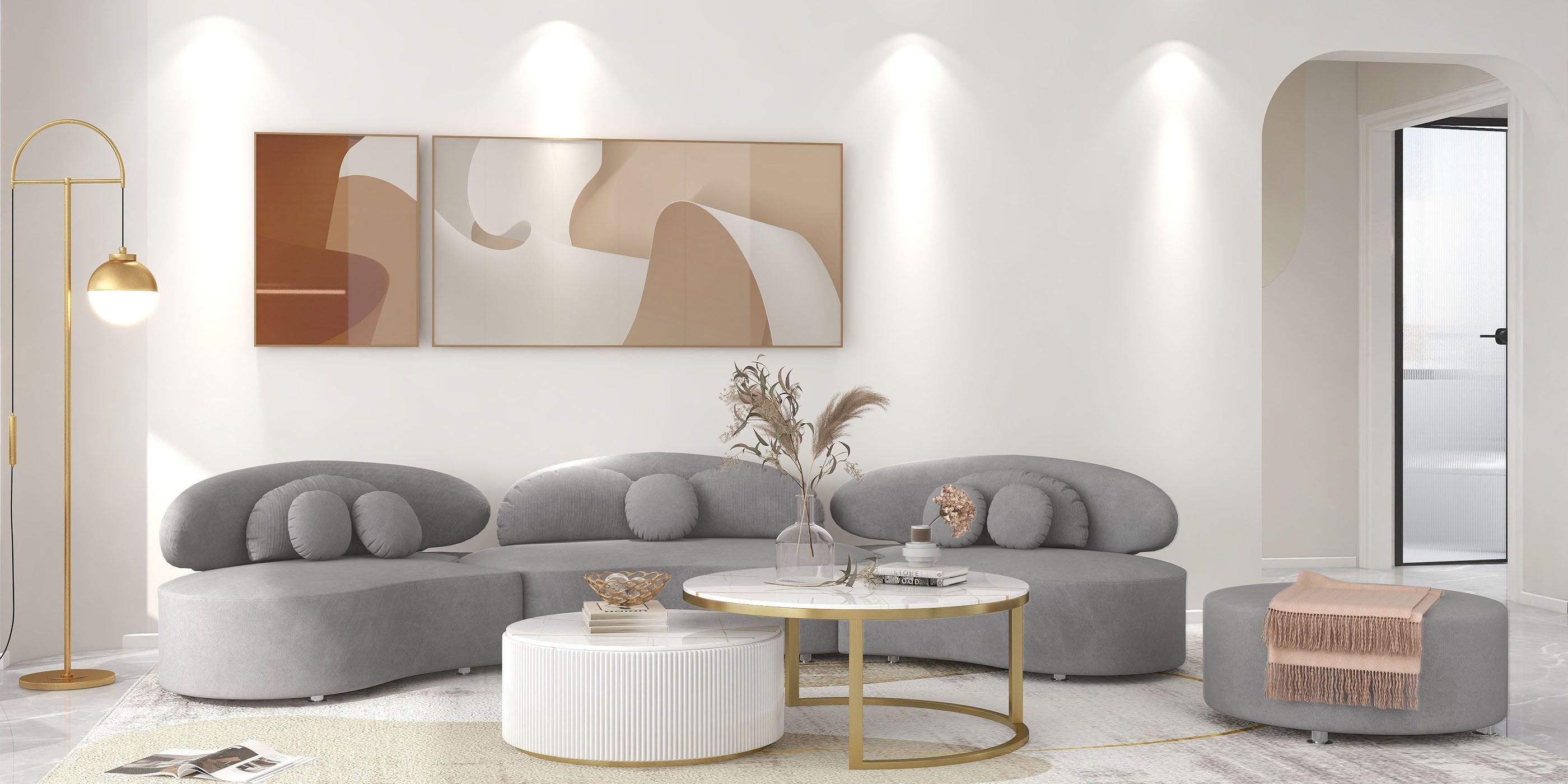 HMR - Curved Sectional Sofa with Ottoman & Pillows
