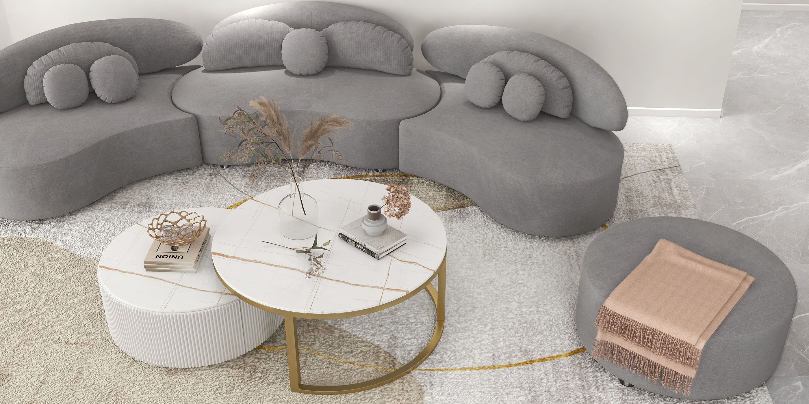 HMR - Curved Sectional Sofa with Ottoman & Pillows