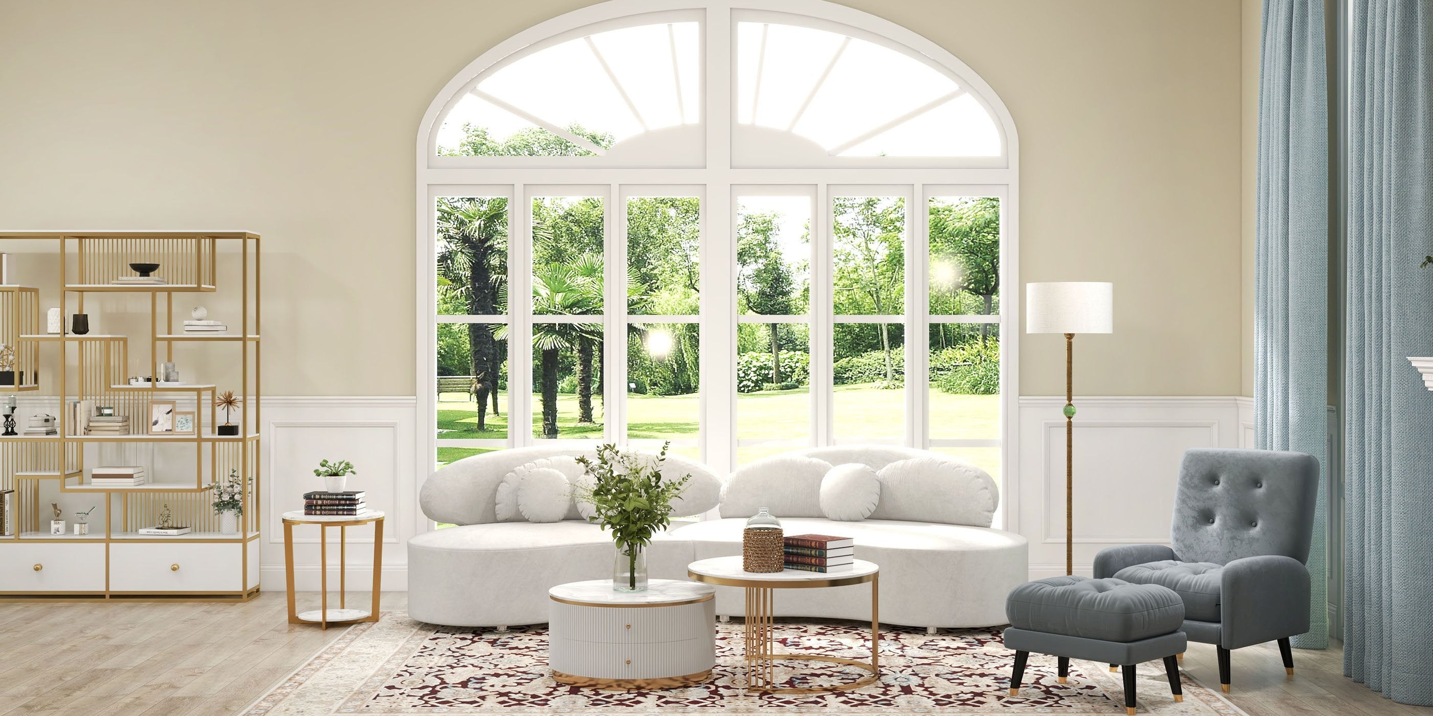 HMR - Curved Sectional Sofa with Ottoman & Pillows