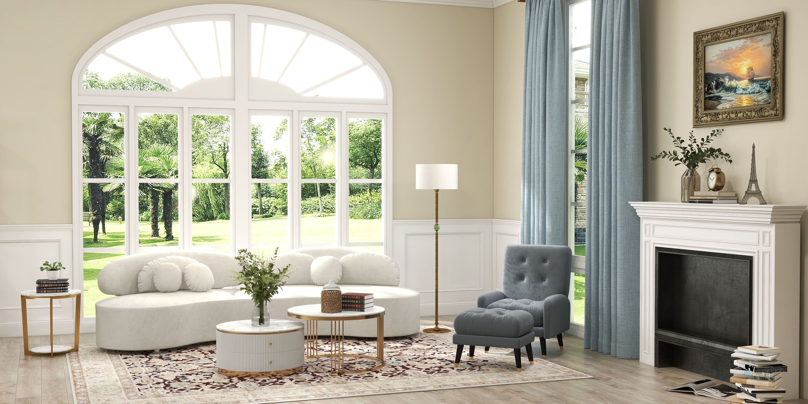 HMR - Curved Sectional Sofa with Ottoman & Pillows