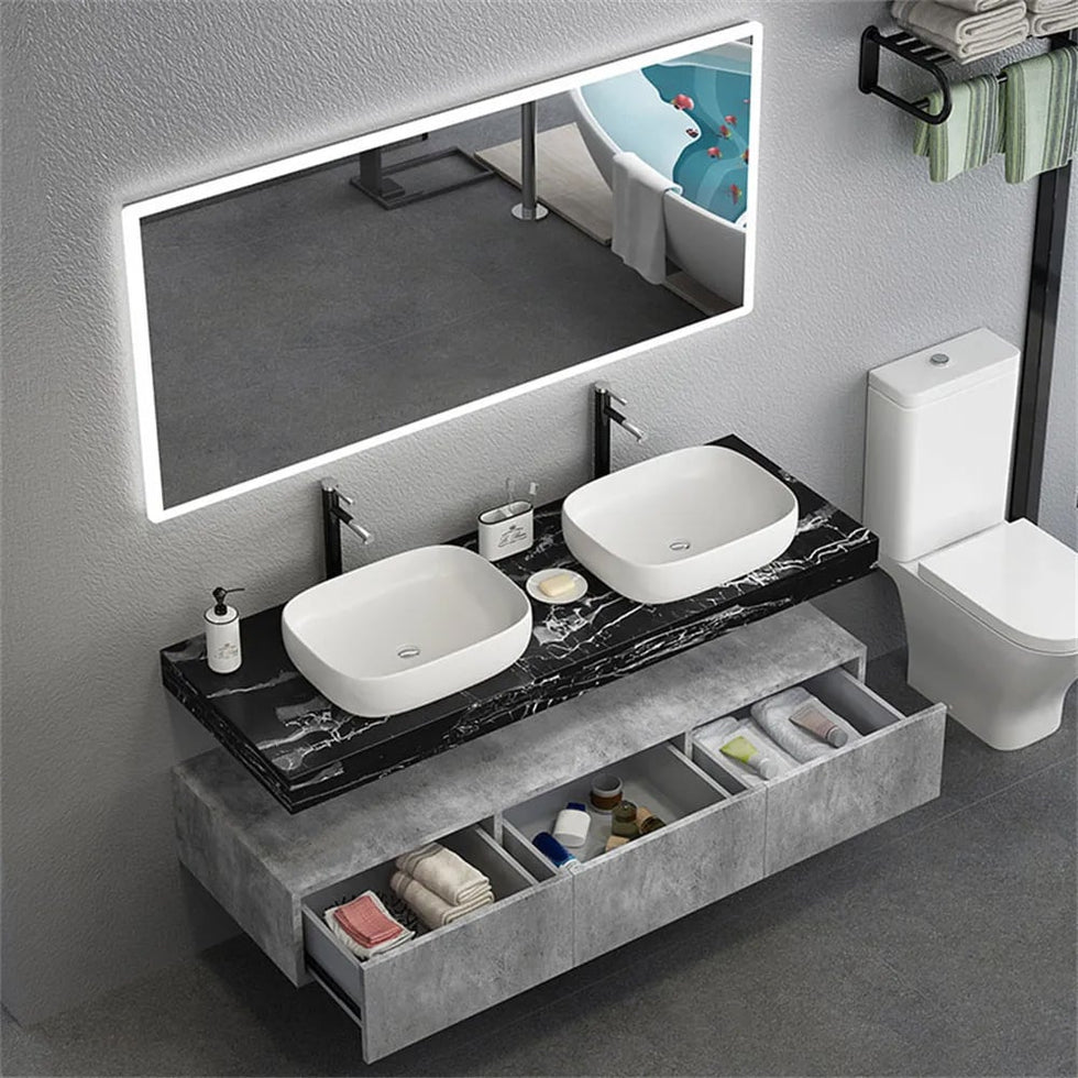 HMR - Modern 60" Floating Bathroom Vanity Set with Double Sinks