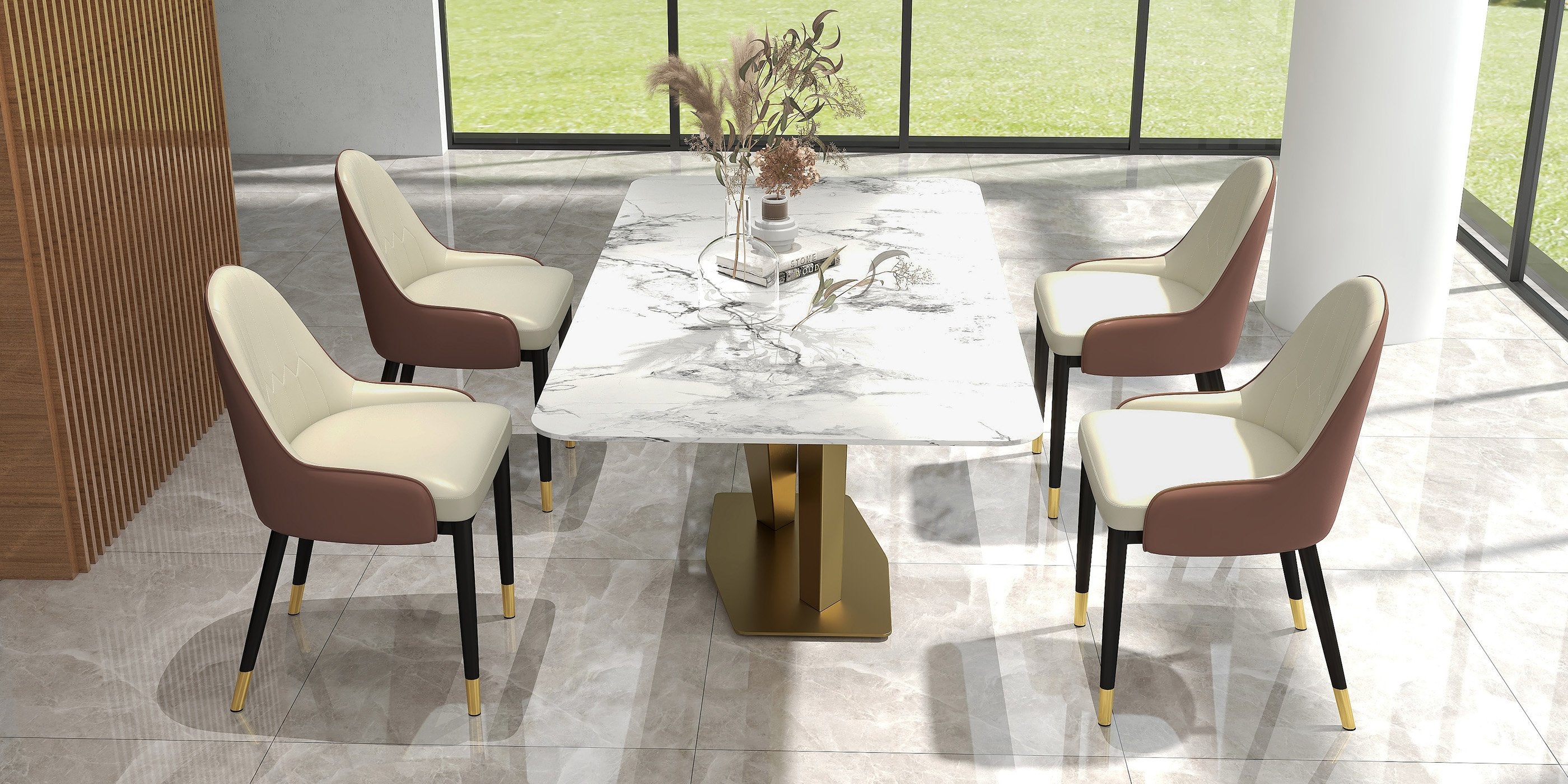 HMR - Modern Faux Leather Upholstered Dining Chair (Set of 2) in Beige and Brown