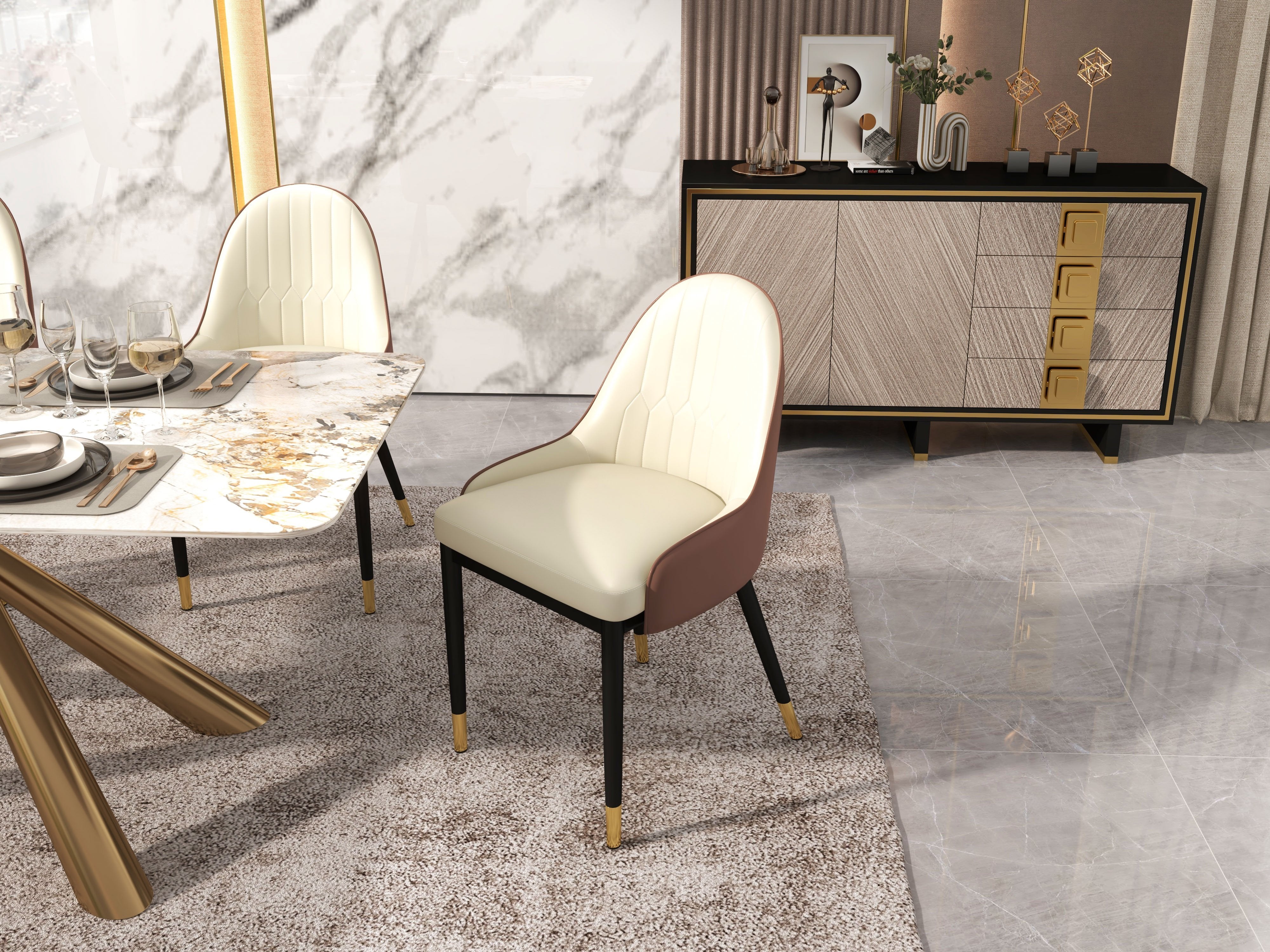 HMR - Modern Faux Leather Upholstered Dining Chair (Set of 2) in Beige and Brown