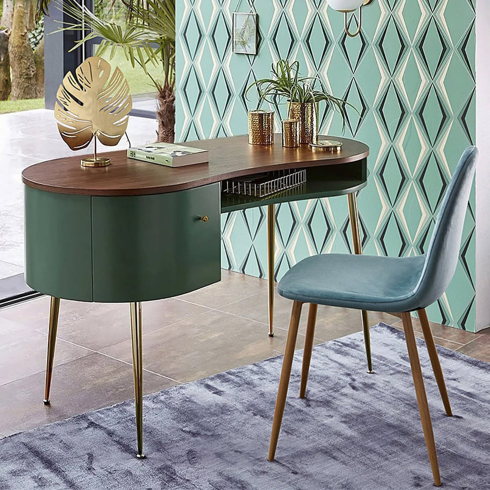 HMR - Curved Office Computer Desk with Shelf and Storage in Green and Gold