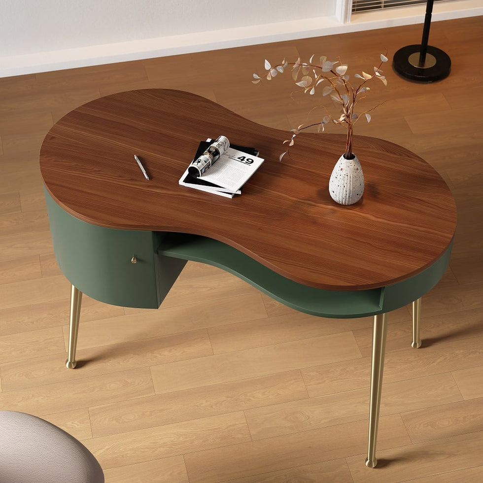 HMR - Curved Office Computer Desk with Shelf and Storage in Green and Gold