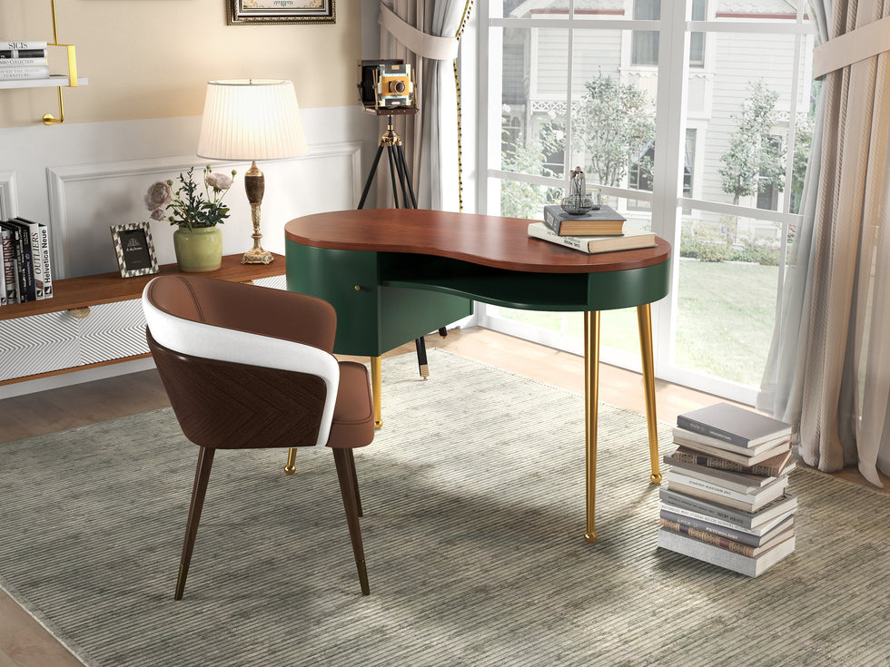 HMR - Curved Office Computer Desk with Shelf and Storage in Green and Gold