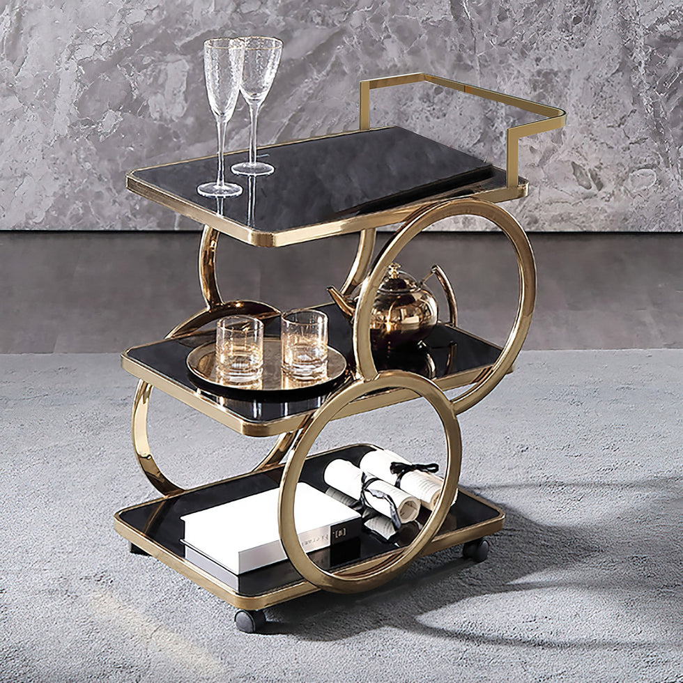 HMR - Modern Rolling 3-Tier Bar Cart on Wheel with Handle in Black and Gold